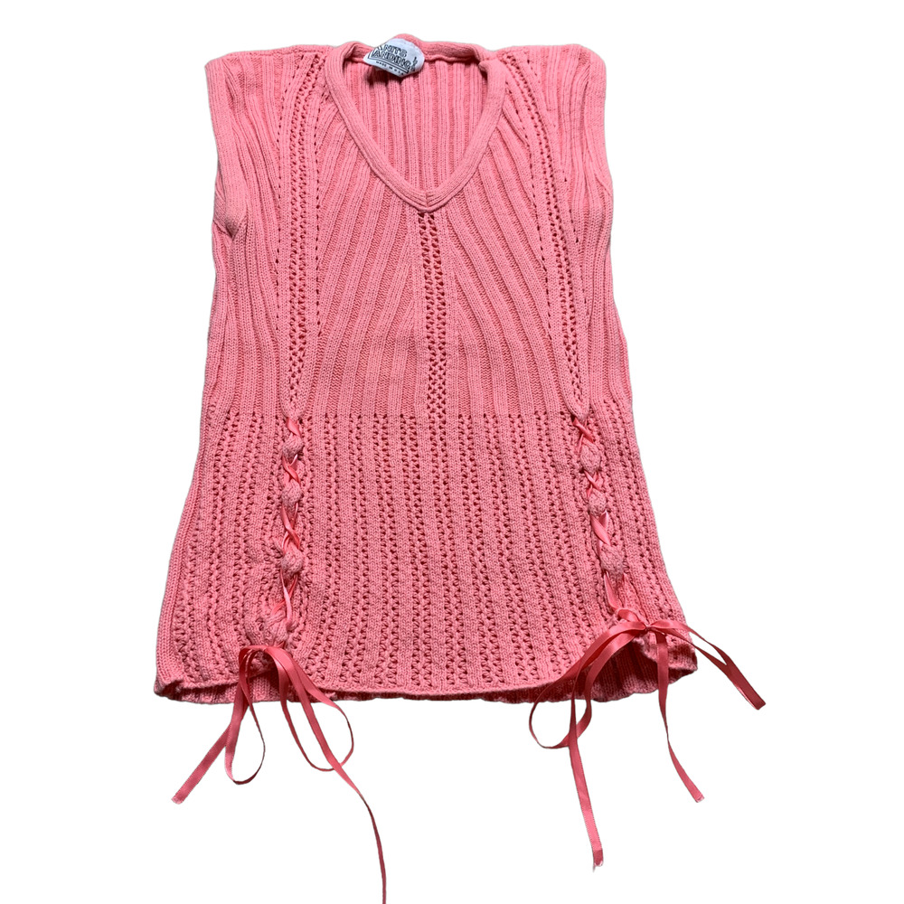 Vintage Knit Sweater Lace Up Sleeveless Shirt Top Pink Medium